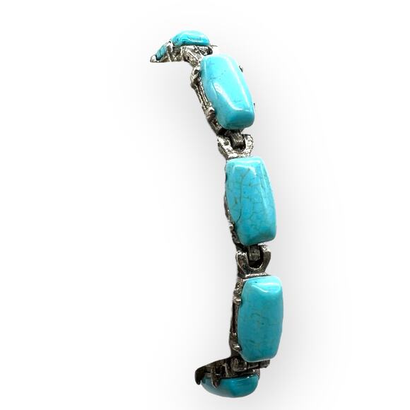 Burnished Silver Bracelet Turquoise Rectangular Semi Precious Stone Howlite - Picture 5 of 10